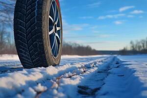 ai generato inverno pneumatico coperto nel neve nevoso strada ghiaccio ghiacciato auto ruota guidare sicurezza sicuro guida mezzi di trasporto condizione modificare veicolo auto scivoloso Pericolo brina protezione clima pericoloso fuori strada foto