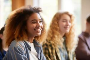 ai generato femmina alunno giovane donna ragazza a tavolo sedersi nel classe Università alto scuola Università aula durante lezione conferenza formazione scolastica studi studia apprendimento ascoltando insegnante professoressa adolescente foto