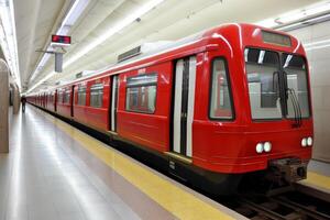 ai generato moderno metropolitana treno metropolitana mezzi di trasporto pubblico transito pulito la metropolitana stazione piattaforma città viaggio turismo ferrovia alto velocità futuristico in movimento tubo passeggeri treni esprimere terminale foto