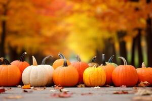 ai generato stagione autunno autunno raccogliere tempo tradizione offrire vacanza molti diversità fresco arancia zucche Halloween ringraziamento giardino arredamento selezione colorato zucche sfocato sfondo al di fuori foto