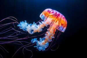 ai generato un' Medusa con un' neon corpo e blu tentacoli è nuoto nel il acqua in profondità mare. foto