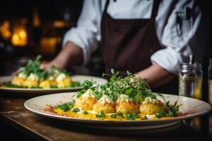 ai generato maestro capocuoco cucinare uomo mani precisamente cucinando condimento preparazione gustoso fresco delizioso acquolina in bocca buongustaio piatto cibo su piatto per i clienti 5 stelle Michelin ristorante cucina avvicinamento foto