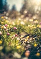 ai generato fiore soleggiato primavera prato. orizzontale avvicinamento con corto in profondità di messa a fuoco. natur sfondo concetto per tempo libero e ecologia con spazio per testo e design. foto