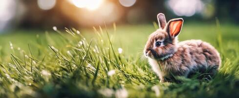 ai generato Pasqua coniglietti su verde erba. domestico decorativo conigli all'aperto. Pasqua coniglietto bandiera con copia spazio, concetto per primavera vacanze foto