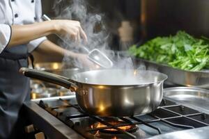 ai generato maestro capocuoco cucinare donna mani precisamente cucinando condimento preparazione gustoso fresco delizioso acquolina in bocca buongustaio piatto cibo su piatto per i clienti 5 stelle Michelin ristorante cucina dettagliato foto