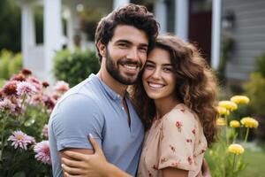 ai generato americano contento coppia famiglia uomo donna gioioso sorridente insieme sensazione amore casa abbraccio romantico sposato godendo abbraccio giardino. Due persone abbracciare nel sfondo Casa cortile comfort foto