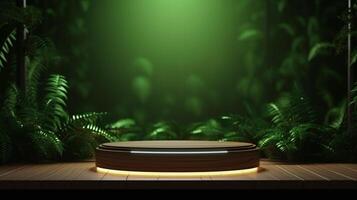 ai generato Prodotto Schermo podio con lussureggiante verde, ideale per in mostra premio merce nel un' naturale ambientazione. foto