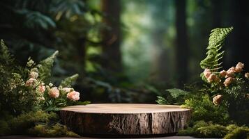 ai generato di legno ceppo Schermo In piedi in mezzo lussureggiante verde. ideale per Prodotto presentazione, incantata foresta podio, naturale legna Prodotto vetrina. foto
