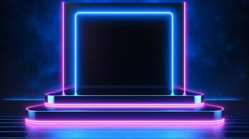 ai generato neon raggiante podio per Prodotto Schermo, futuristico presentazione In piedi nel buio camera foto