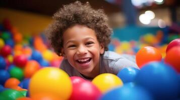 ai generato contento bambino giocando nel un' colorato palla fossa a un interno terreno di gioco, Perfetto per famiglia e divertimento concetti. foto