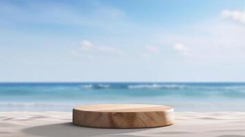 ai generato elegante di legno podio su un' sereno spiaggia fondale per Prodotto Schermo, ideale per a tema estivo marketing e evento vetrine. foto