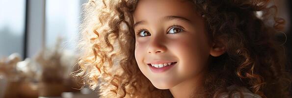 ai generato bandiera dai capelli ricci ragazza con luminosa occhi sorridente, interno naturale luce, gioioso bambino avvicinamento foto