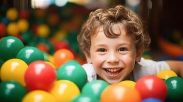 ai generato gioioso ragazzo nel vivace palla fossa, ideale per figli di giocare le zone, interno intrattenimento, e creativo capretto camera disegni. foto