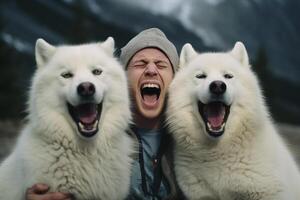 ai generato giovane uomo ridendo con Due husky cani bokeh stile sfondo con generativo ai foto