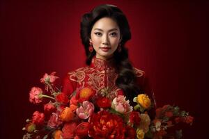 ai generato bellissimo Cinese sposa nel tradizionale nozze vestito e fiore con generativo ai foto