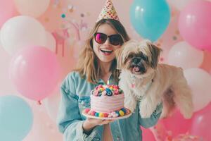 ai generato un' donna festeggiare sua cane compleanno con generativo ai foto