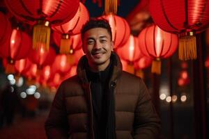 ai generato bello Cinese uomo celebrare a Cinese lanterna Festival bokeh stile sfondo con generativo ai foto