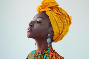 ai generato bellissimo africano femmina modello indossare tradizionale vestito con generativo ai foto