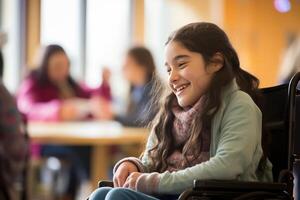 ai generato giovane Disabilitato ragazza seduta su sedia a rotelle a scuola sorridente bokeh stile sfondo con generativo ai foto