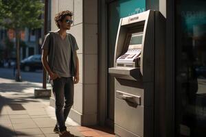 ai generato un' uomo utilizzando un ATM macchina bokeh stile sfondo con generativo ai foto