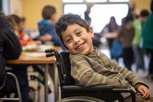 ai generato giovane Disabilitato ragazzo seduta su sedia a rotelle a scuola sorridente bokeh stile sfondo con generativo ai foto