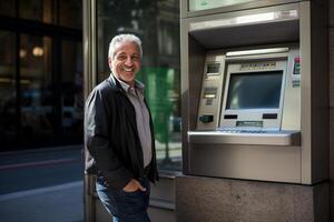 ai generato un' mezzo età uomo utilizzando un ATM macchina bokeh stile sfondo con generativo ai foto