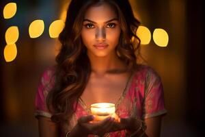 ai generato indiano donna Tenere un' candela bokeh stile sfondo con generativo ai foto