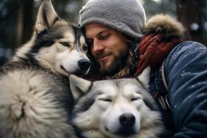 ai generato giovane uomo abbracciare con il suo husky cane bokeh stile sfondo con generativo ai foto