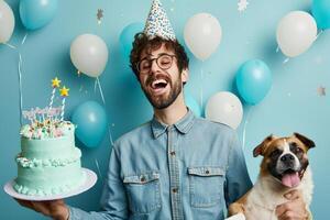 ai generato un' uomo festeggiare il suo cane compleanno con generativo ai foto