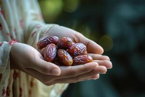 ai generato donna mano Tenere Data palma frutta bokeh stile sfondo con generativo ai foto