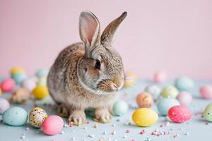 ai generato Pasqua coniglietto con colorato uova pastello stile con generativo ai foto