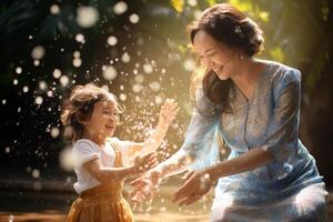 ai generato mamma giocando acqua con figlia a Songkran giorno con generativo ai foto