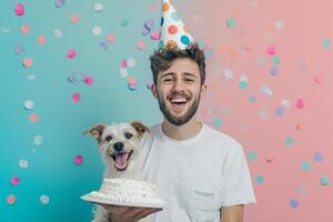 ai generato un' uomo festeggiare il suo cane compleanno con generativo ai foto