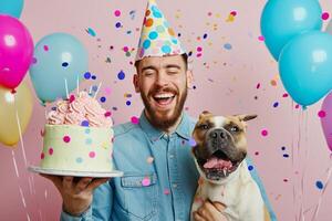 ai generato un' uomo festeggiare il suo cane compleanno con generativo ai foto