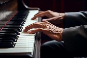 ai generato vicino su di mani giocando il pianoforte bokeh stile sfondo con generato ai foto