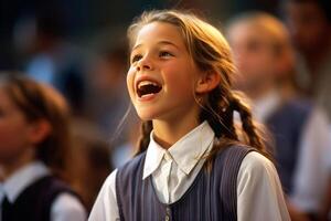 ai generato un' giovane ragazza cantando su il palcoscenico bokeh stile sfondo con generato ai foto