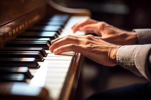 ai generato vicino su di mani giocando il pianoforte bokeh stile sfondo con generato ai foto