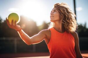 ai generato donna giocando tennis su il Tribunale bokeh stile sfondo con generativo ai foto