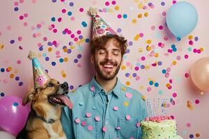 ai generato un' uomo festeggiare il suo cane compleanno con generativo ai foto