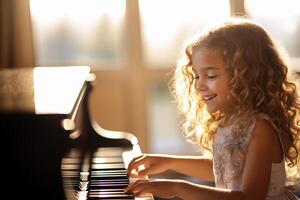 ai generato un' ragazza giocando pianoforte nel vivente camera bokeh stile sfondo con generativo ai foto