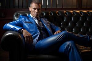 ai generato uomo d'affari modello indossare blu completo da uomo seduta su il sedia con generato ai foto