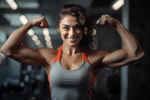 ai generato fitness ragazza mostrare sua muscoli nel Palestra bokeh stile sfondo con generato ai foto
