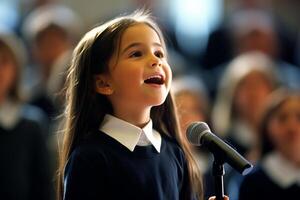 ai generato un' giovane ragazza cantando su il palcoscenico bokeh stile sfondo con generato ai foto