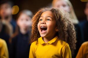 ai generato un' giovane ragazza cantando su il palcoscenico bokeh stile sfondo con generato ai foto