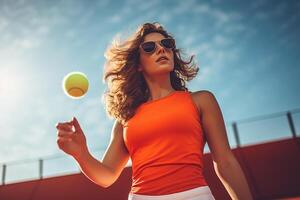 ai generato donna giocando tennis su il Tribunale bokeh stile sfondo con generativo ai foto