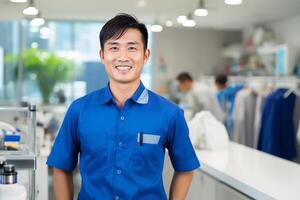 ai generato asiatico riparatore sorridente a lavanderia negozio bokeh stile sfondo con generato ai foto