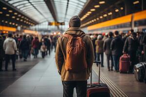 ai generato turisti nel coda nel il aeroporto terminale. viaggiatori durante registrare. vacanza, viaggio concetto foto