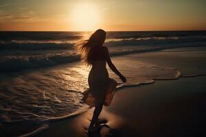 ai generato giovane caucasico bionda dai capelli lunghi donna nel leggero bianca vestito a piedi su tramonto spiaggia Surf, neurale Rete generato arte foto