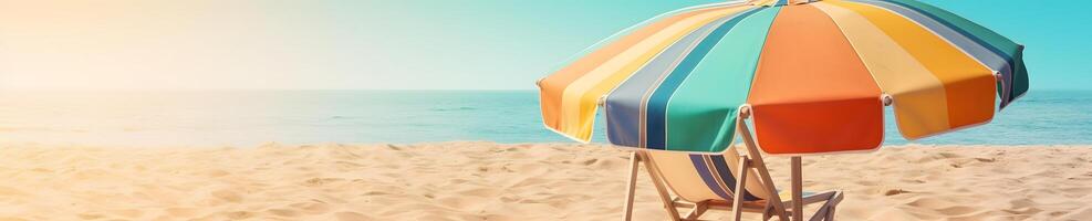 ai generato spiaggia ombrello con sedie su il sabbia spiaggia - estate vacanza tema intestazione, neurale Rete generato arte foto