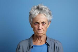 ai generato cipiglio anziano caucasico donna, testa e le spalle ritratto su blu sfondo. neurale Rete generato fotorealistico Immagine foto